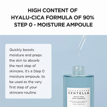 Skincare ampoule with text about hyalu-cica formula and usage instructions.