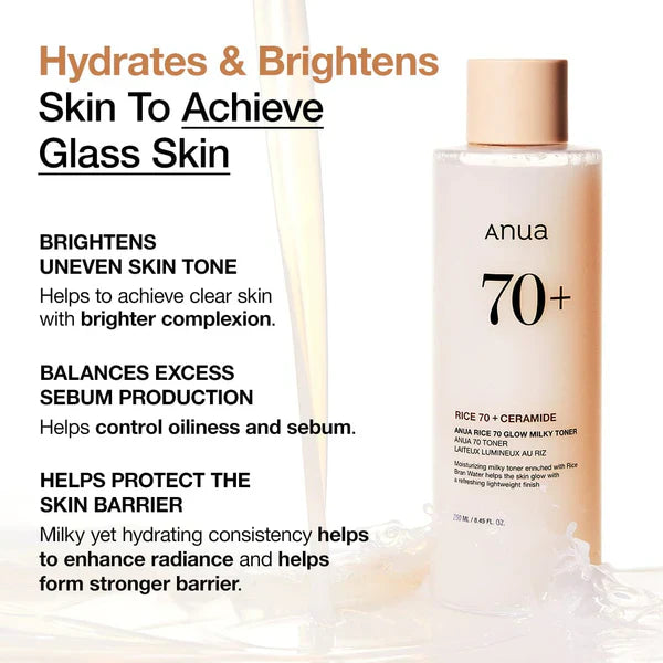 Anua Rice 70 Glow Milky Toner – 250ml | Brightening, Hydrating & Skin Barrier Care Toner with Rice Water, Niacinamide & Ceramides