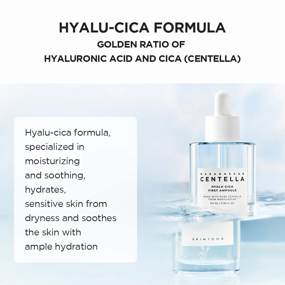Skincare product with text about Hyalu-Cica formula on a light blue background