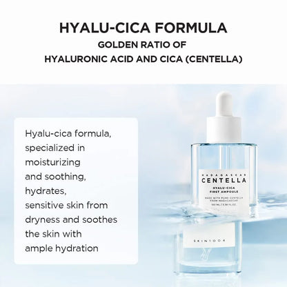 Skincare product with text about Hyalu-Cica formula on a light blue background