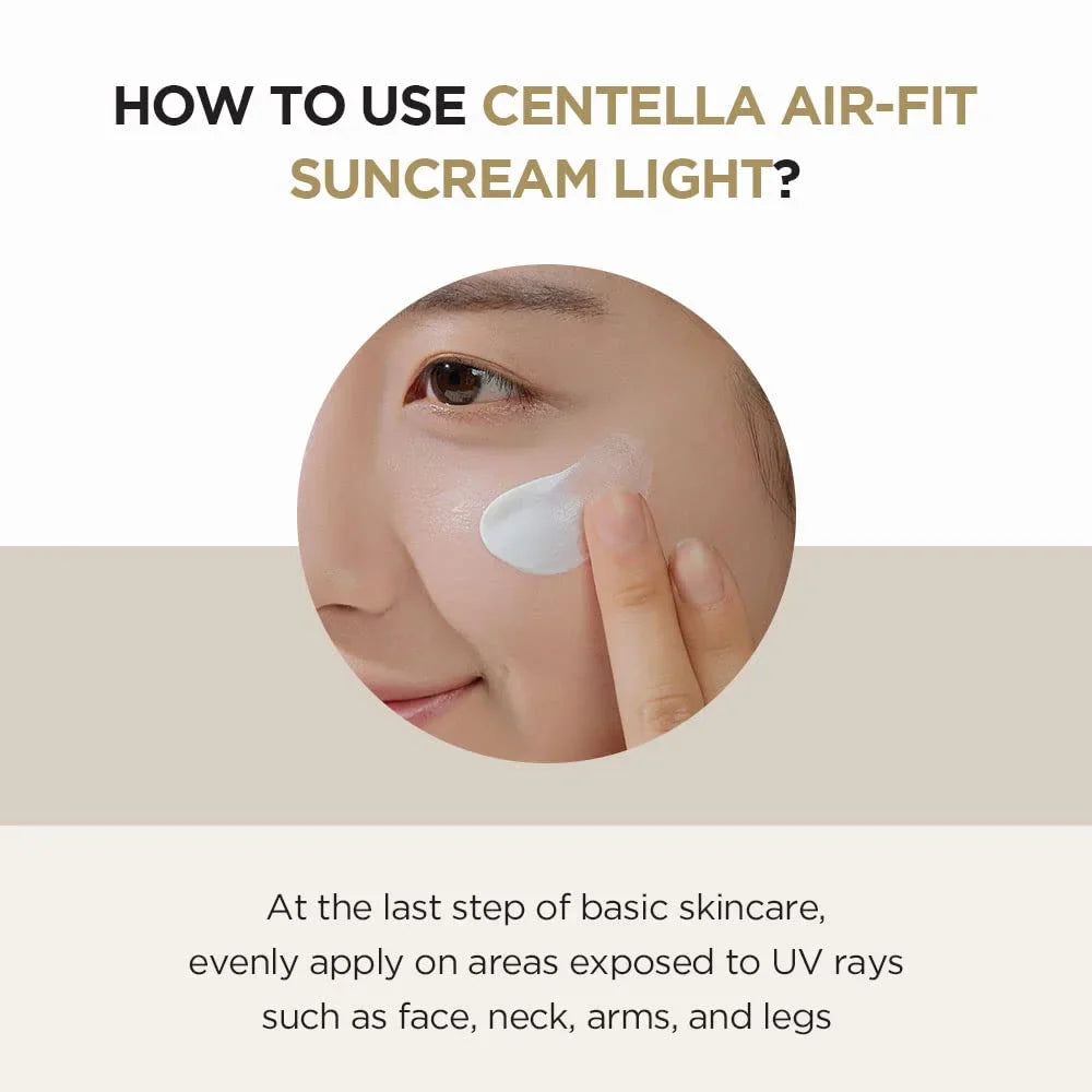 Instructional image on applying Centella Air-Fit Suncream Light with text overlay.