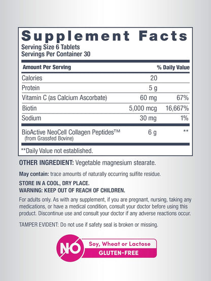 NeoCell Grassfed Collagen Peptides + Vitamin C & Biotin -180 Tablets