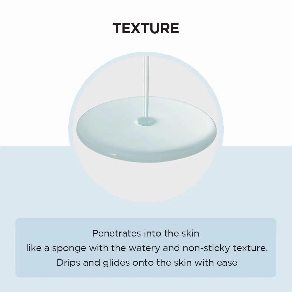 Product with a focus on texture, showing a close-up of a liquid droplet and text describing its skin penetration properties.