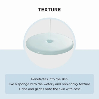 Product with a focus on texture, showing a close-up of a liquid droplet and text describing its skin penetration properties.