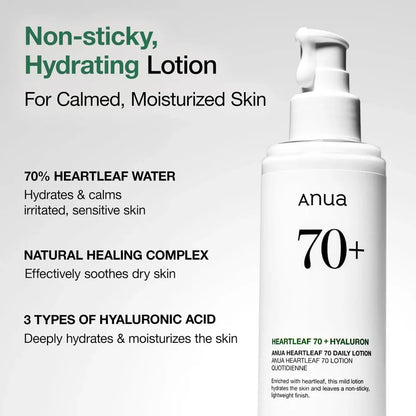 Anua 70+ skincare lotion bottle with product details on a gray background