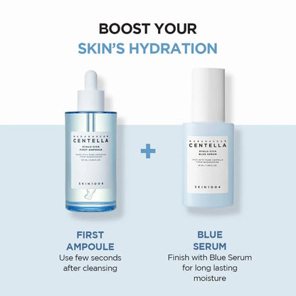 Two skincare products, Ampoule and Blue Serum, with text on a white background.