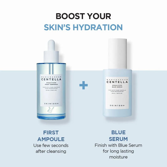 Two skincare products, Ampoule and Blue Serum, with text on a white background.