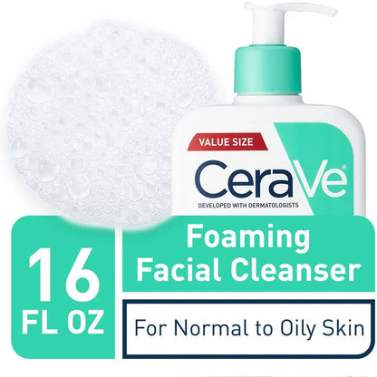 CeraVe Foaming Facial Cleanser 16 FL OZ pump bottle shown on a white background with a large white foam bubble graphic and teal promotional text blocks.