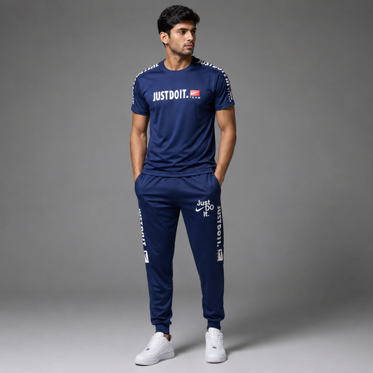 Men's Premium Navy Blue "Just Do It" Summer Tracksuit – Activewear T-Shirt & Trouser Set