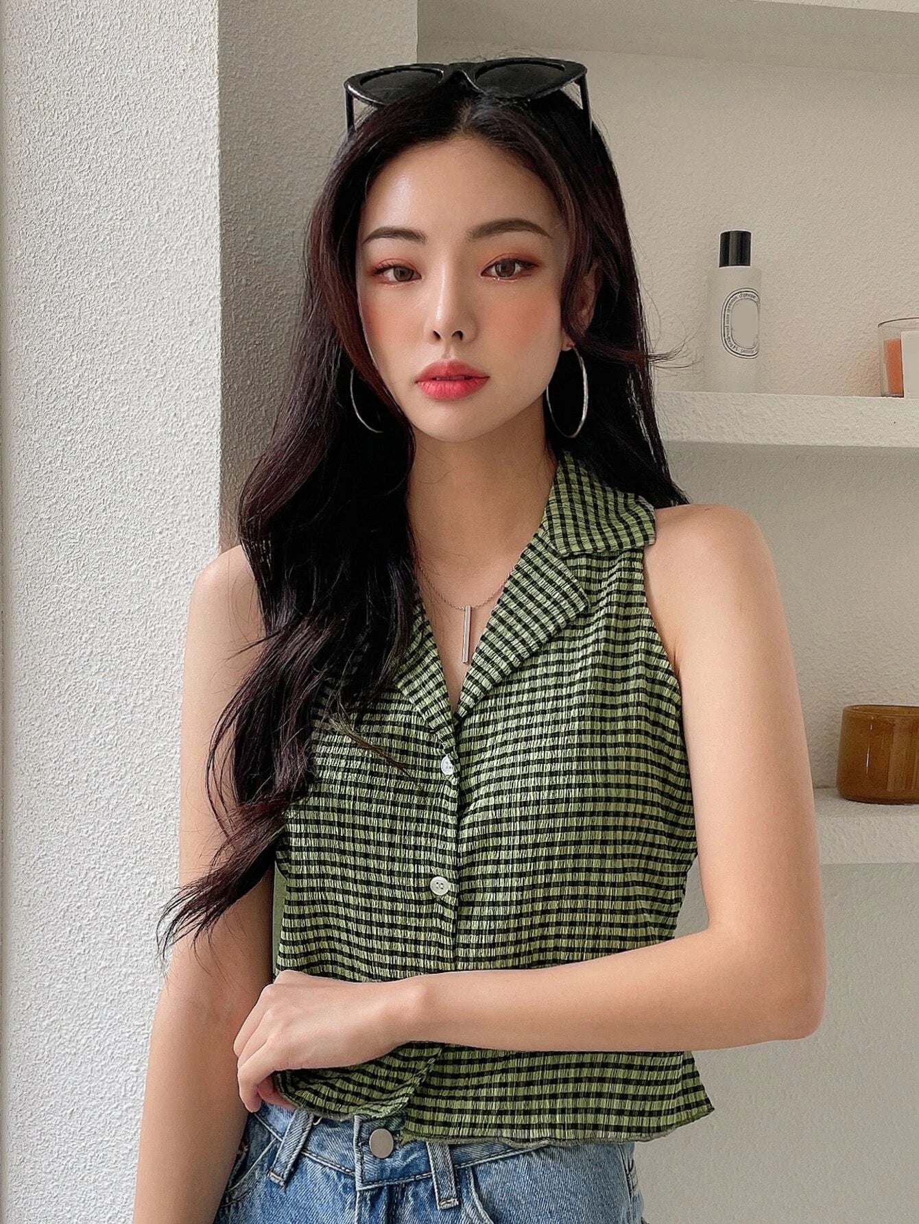 Buy Shein Dazy Plaid Lapel Collar Textured Vest Top in Pakistan