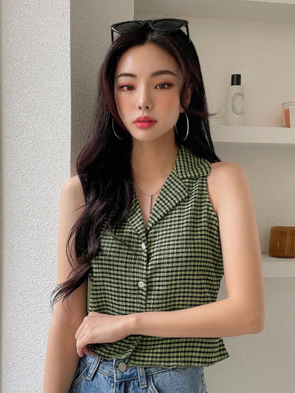Buy Shein Dazy Plaid Lapel Collar Textured Vest Top in Pakistan