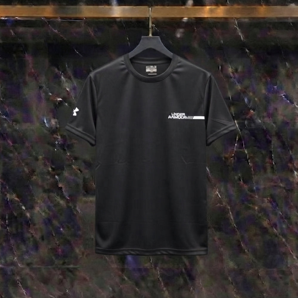 A black short-sleeve athletic t-shirt with a white chest logo reading 'UNDER ARMOUR' and a small white sleeve logo, hanging on a black hanger against a dark marbled background.