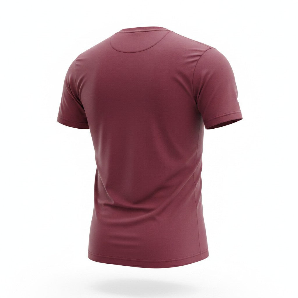 A short-sleeve crew-neck athletic t-shirt shown from the back, floating against a solid white background.