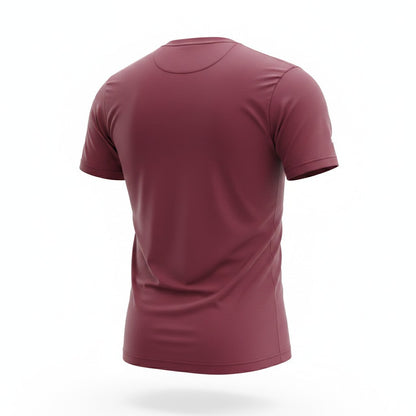 A short-sleeve crew-neck athletic t-shirt shown from the back, floating against a solid white background.