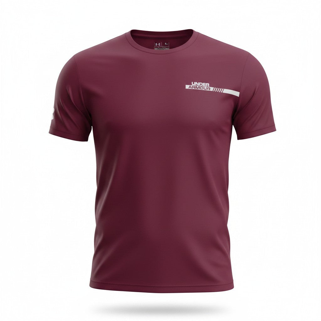 A maroon short-sleeve athletic t-shirt with a white Under Armour logo on the left chest, displayed on a clean white background.
