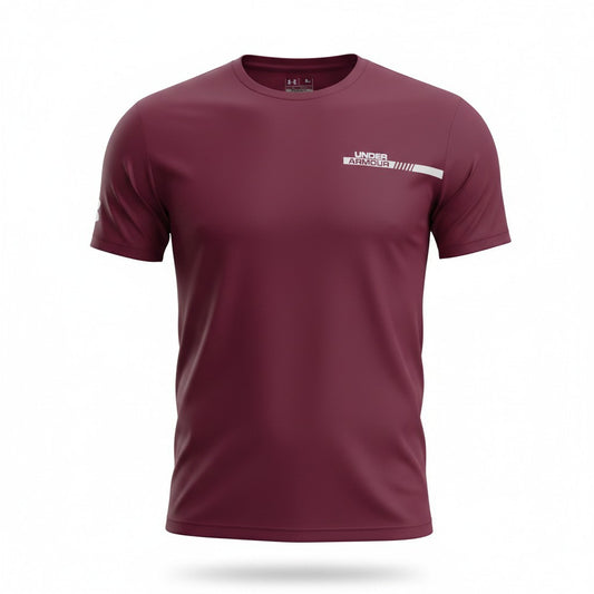 A maroon short-sleeve athletic t-shirt with a white Under Armour logo on the left chest, displayed on a clean white background.