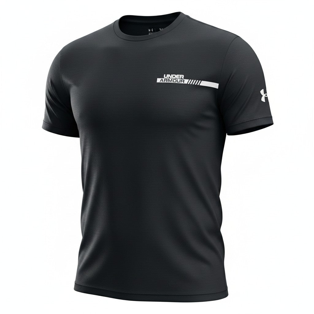A black short-sleeve athletic t-shirt by Under Armour, featuring a white logo on the left chest and a white brand mark on the right sleeve, displayed on a clean white background.