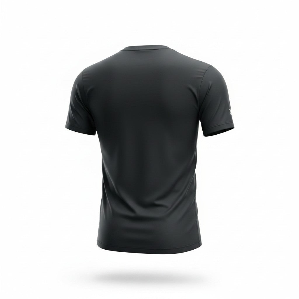 A black short-sleeve athletic t-shirt shown from the back, floating on a clean white background with a soft drop shadow.