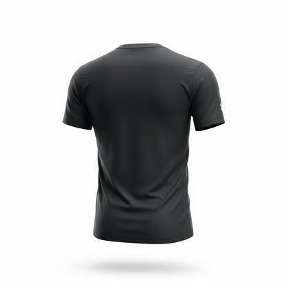 A black short-sleeve athletic t-shirt shown from the back, floating on a clean white background with a soft drop shadow.