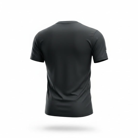 A black short-sleeve athletic t-shirt shown from the back, floating on a clean white background with a soft drop shadow.