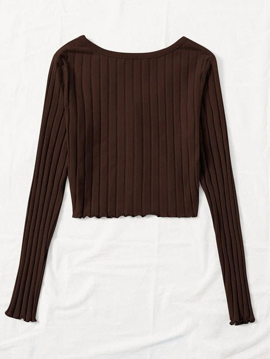 Buy Shein Button Front Rib-knit Lettuce Trim Tee in Pakistan