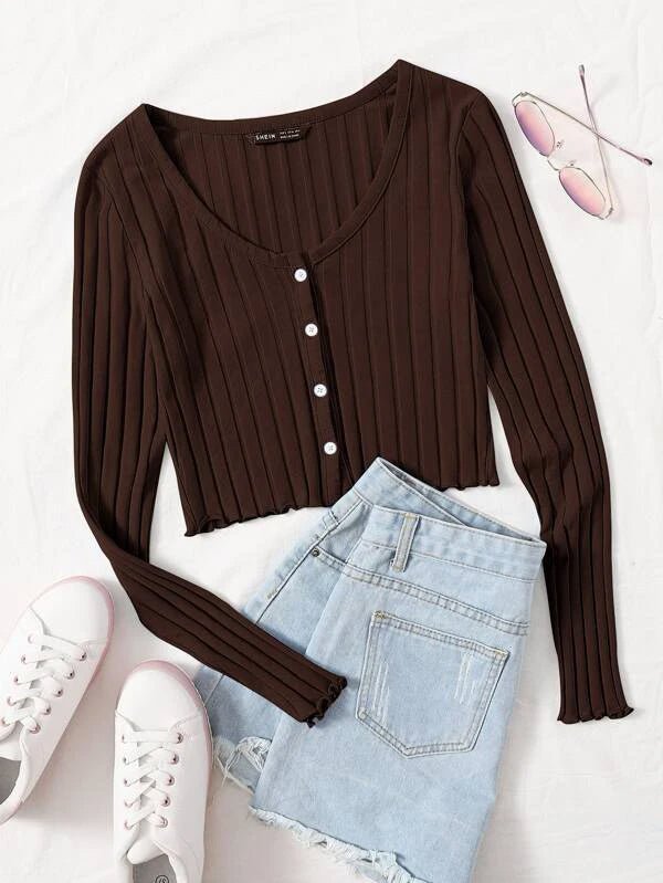 Buy Shein Button Front Rib-knit Lettuce Trim Tee in Pakistan