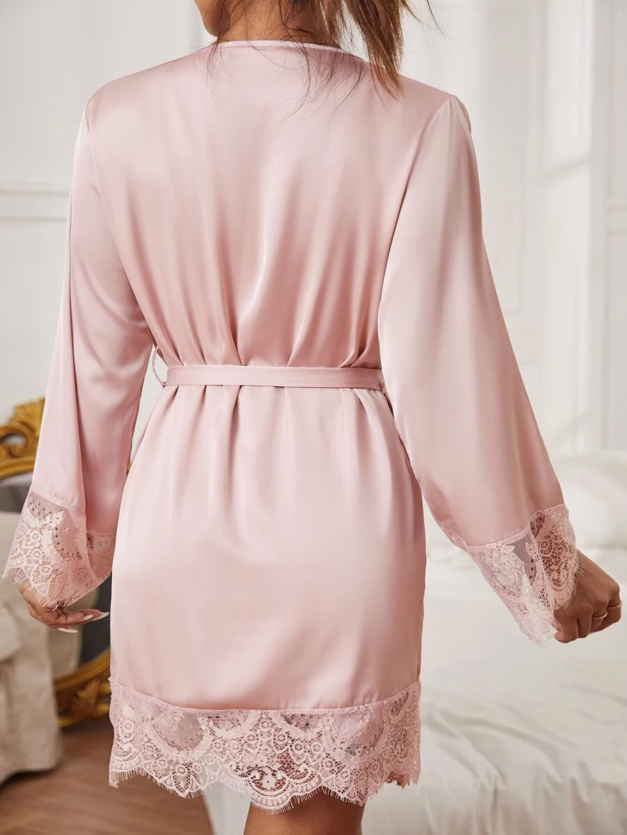 Buy Shein Embroidered Mesh Trim Satin Slips With Belted Robe in Pakistan