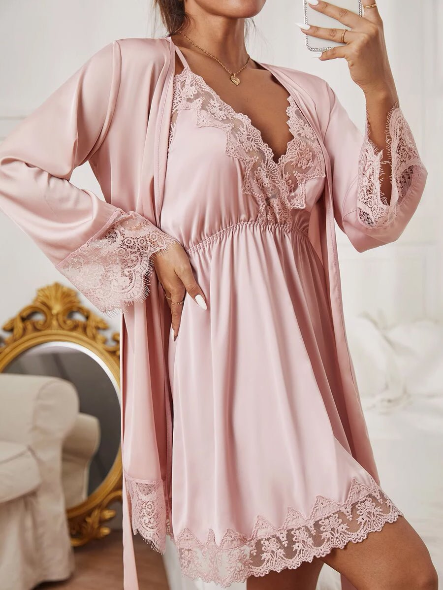 Buy Shein Embroidered Mesh Trim Satin Slips With Belted Robe in Pakistan