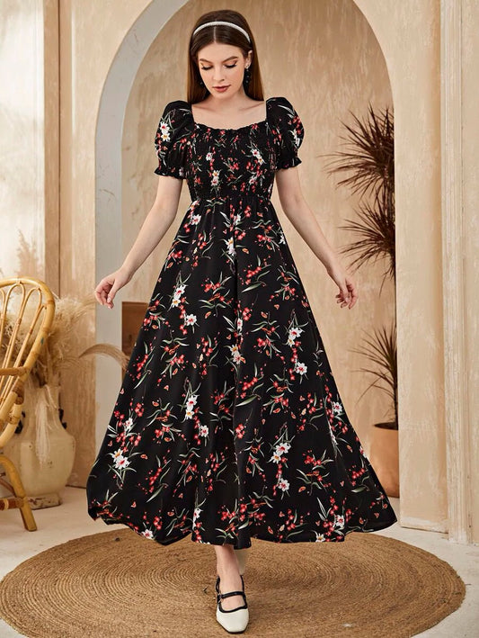 Buy Shein Floral Square Neck Shirred A-line Dress in Pakistan