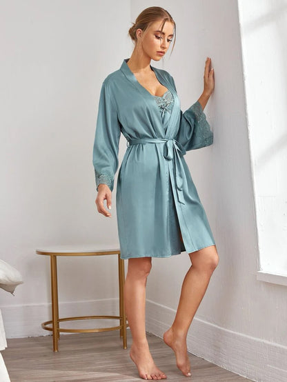 Buy Shein Lace Trim Satin Slips With Belted Robe in Pakistan