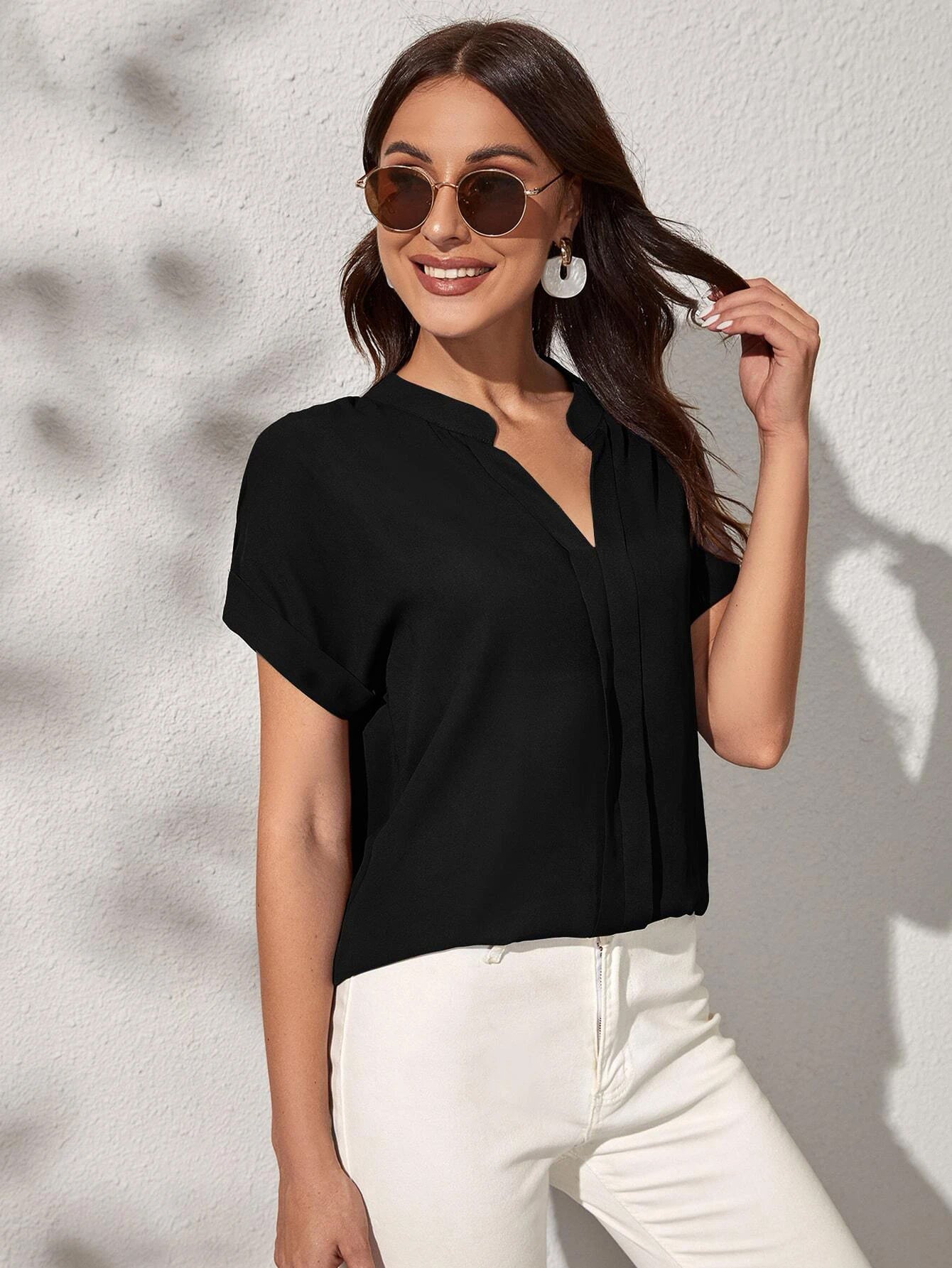 Buy SHEIN Notch Neck Batwing Sleeve Solid Blouse in Pakistan