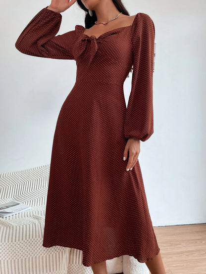 Buy Shein Polka Dot Print Knot Front Lantern Sleeve Dress in Pakistan