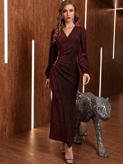 Buy Shein Rhinestone Split Lantern Sleeve Glitter Dress in Pakistan