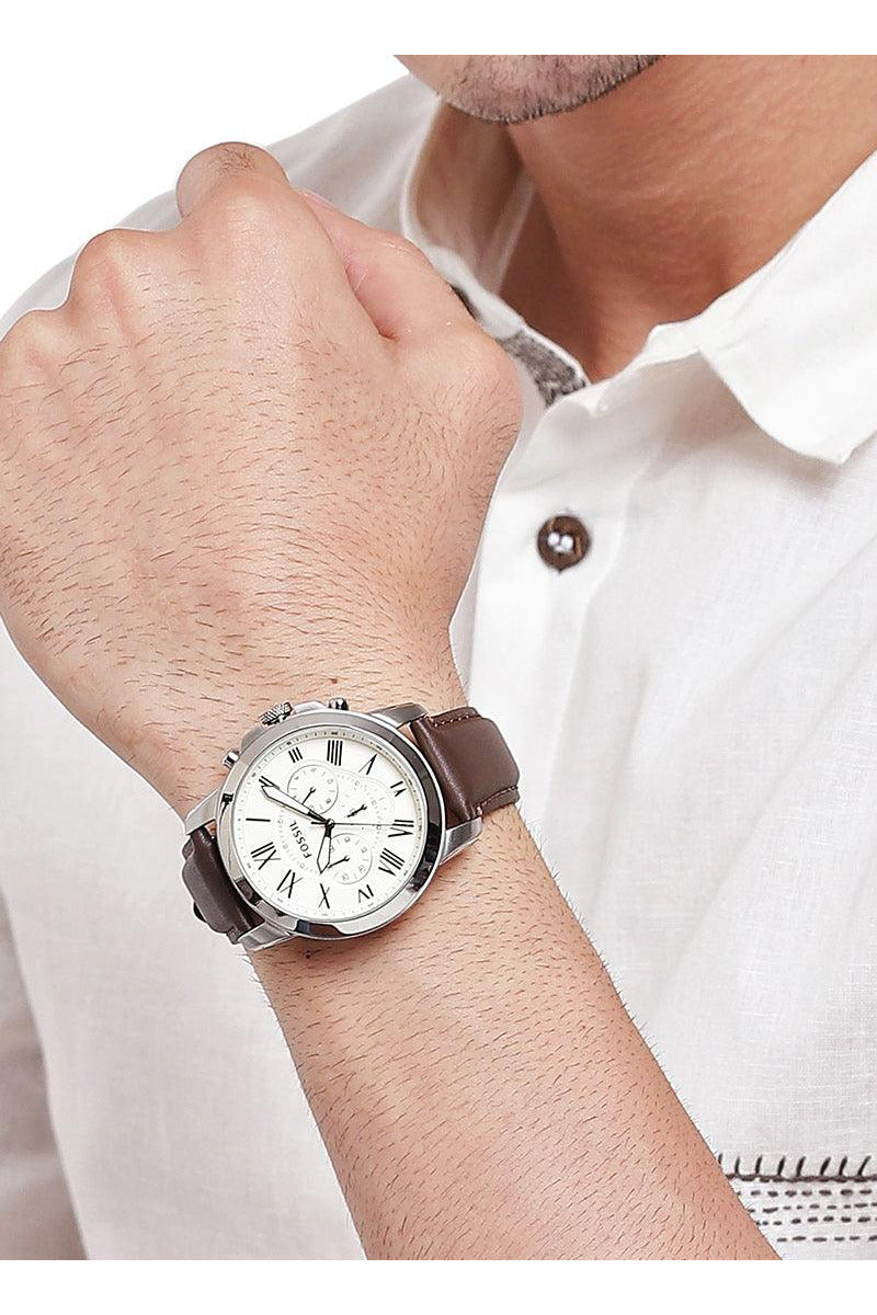 Buy Fossil Men's Chronograph Quartz Brown Leather Strap Beige Dial 44mm Watch FS4735 in Pakistan