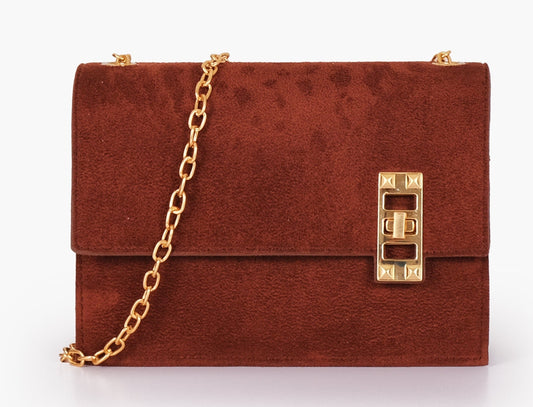 Buy Dark Suede Chain Shoulder Bag With Twist Lock - Brown in Pakistan