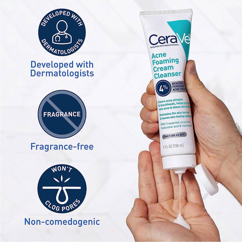 CeraVe acne foaming cream cleanser being held with product details on a white background